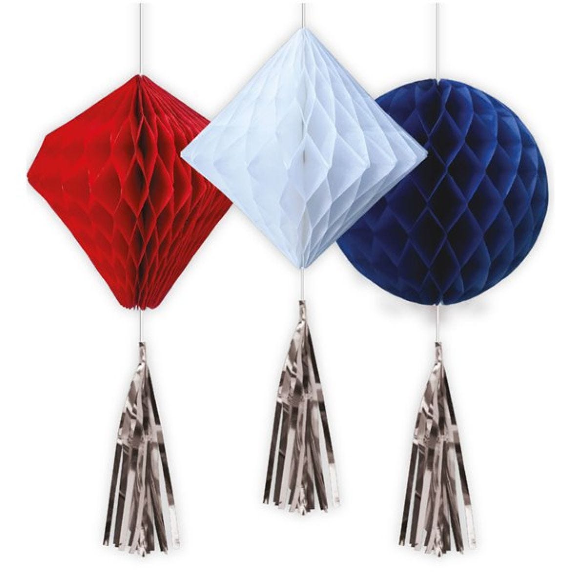 Red, White & Blue Honeycombs with Tassels - 45cm