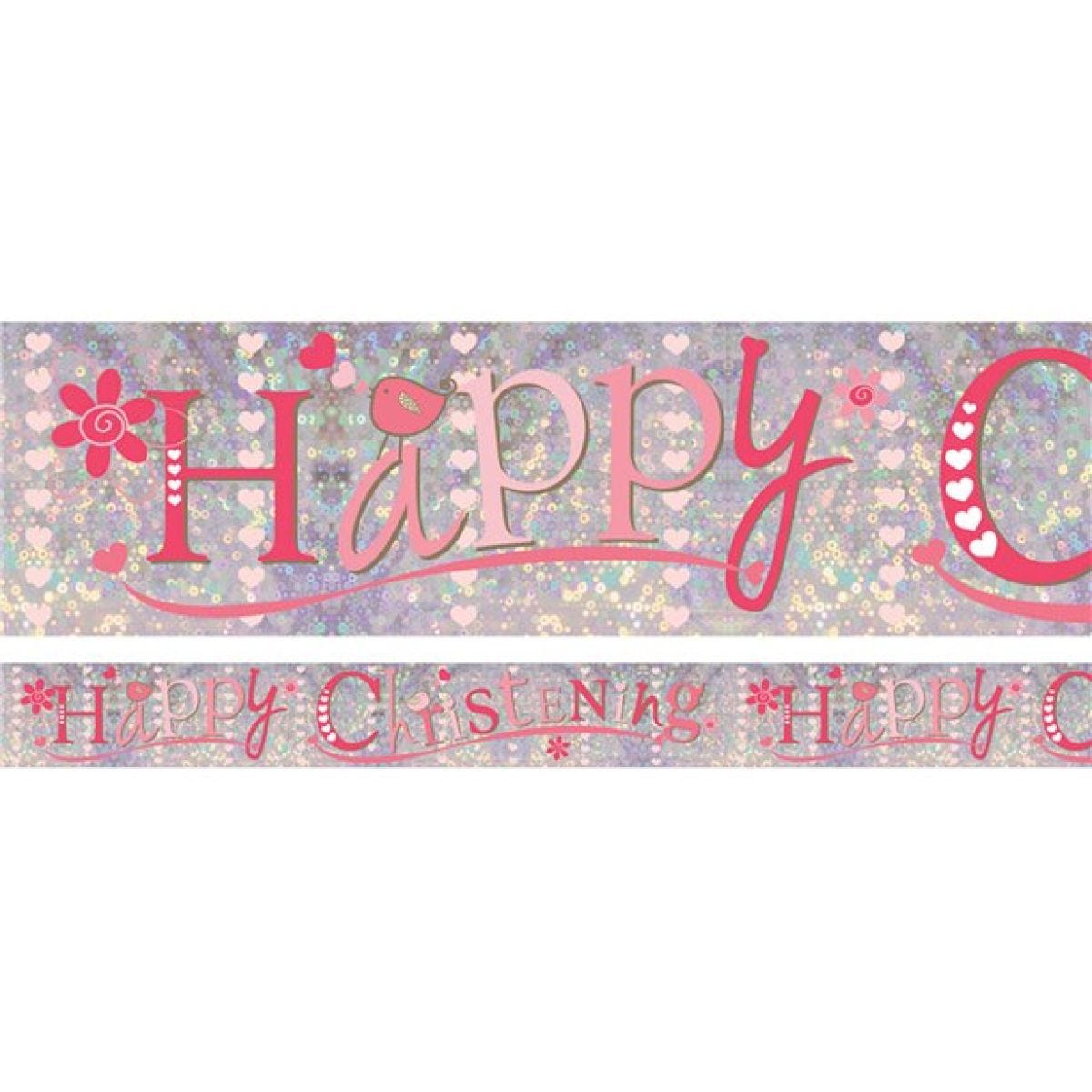 Pink &apos;Happy Christening&apos; Holographic Foil Banner - 2.7m