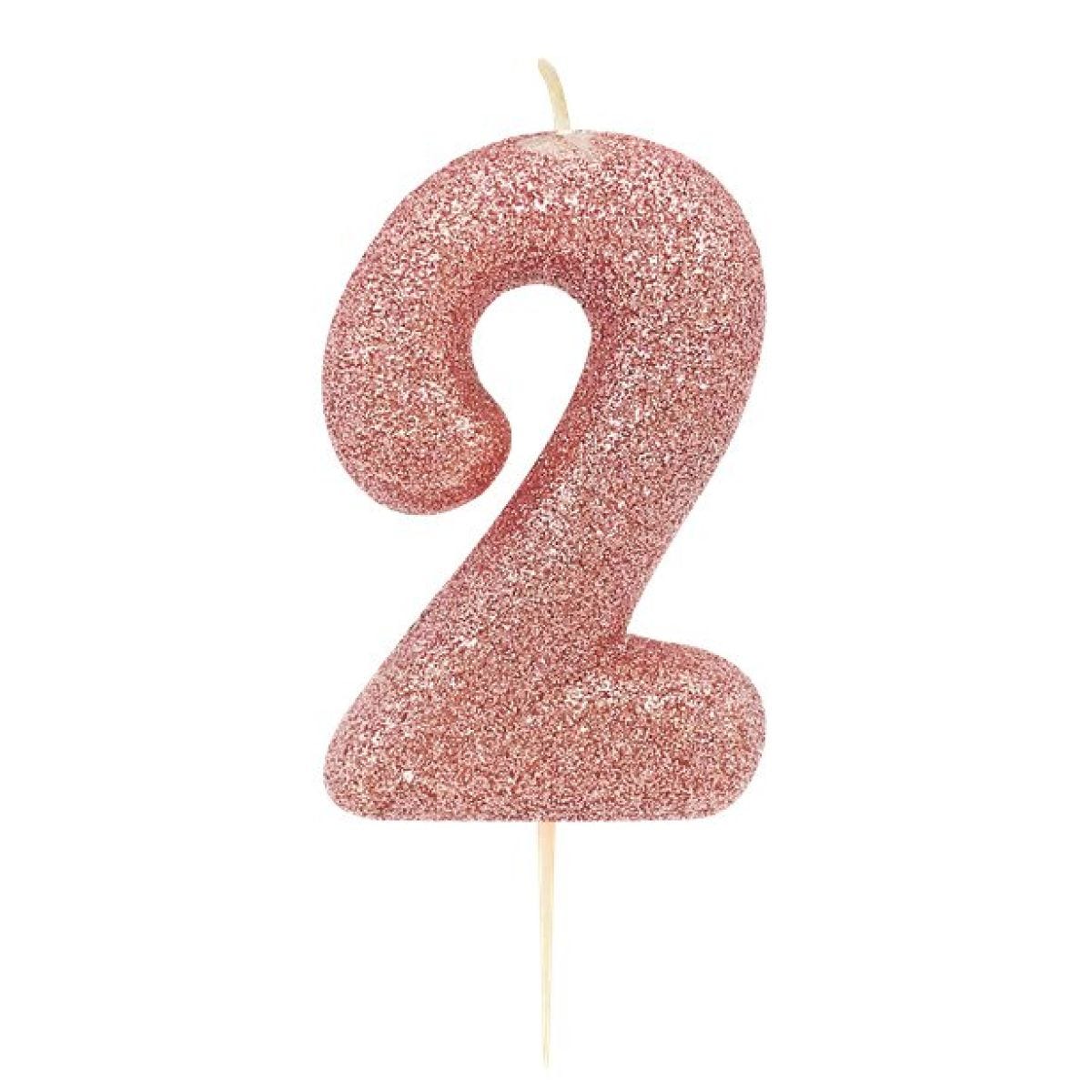 Rose Gold Glitter Number 2 Candle - 7cm | Party Delights