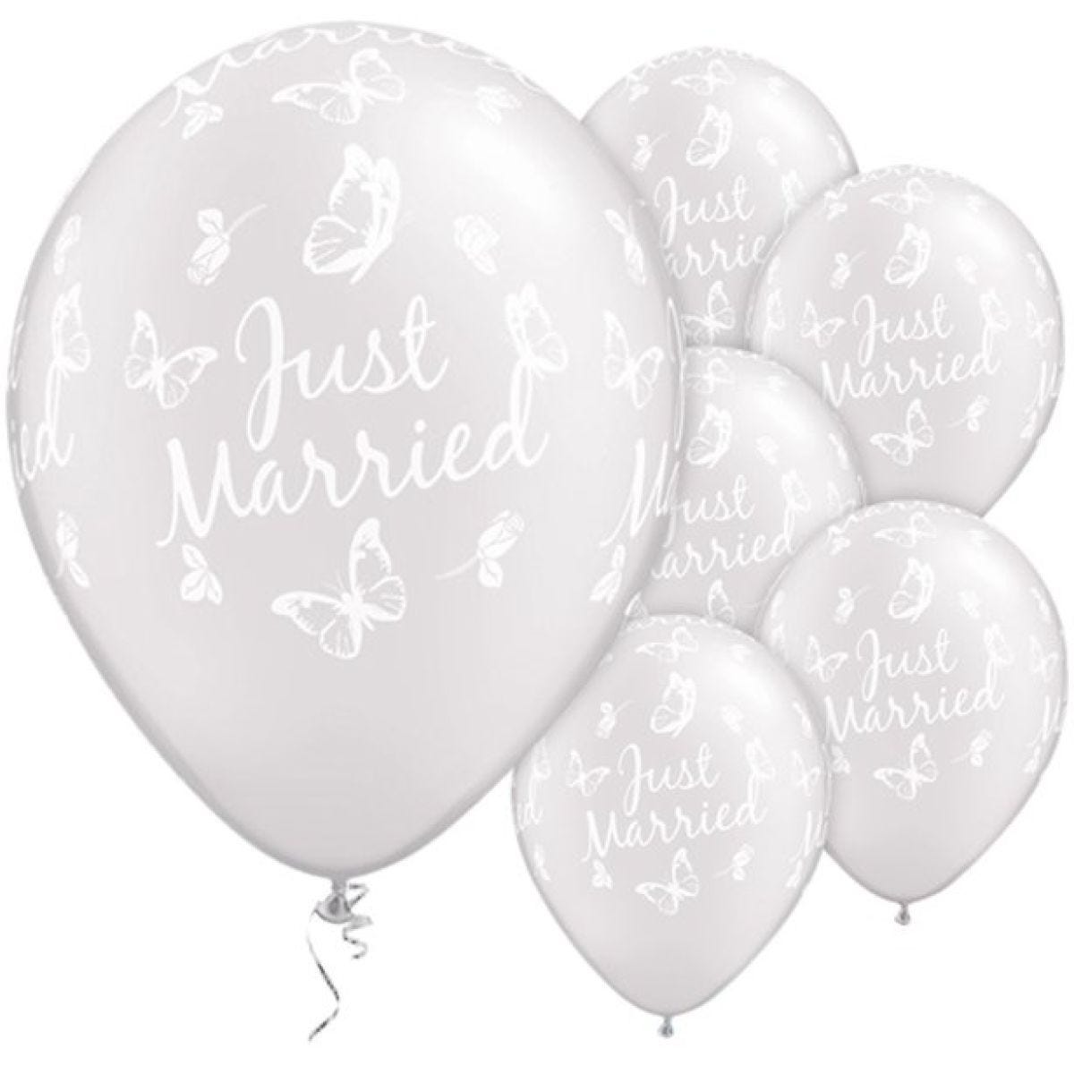 Just Married Butterflies Pearl White Wedding Balloons - 11" Latex