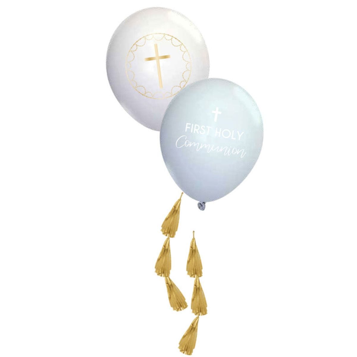 Blue Botanical  &apos;First Holy Communion&apos; Balloons with Tassels - 11" Latex