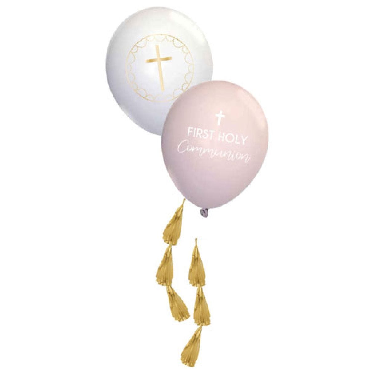 Pink Botanical &apos;First Holy Communion&apos; Balloons with Tassels - 11" Latex