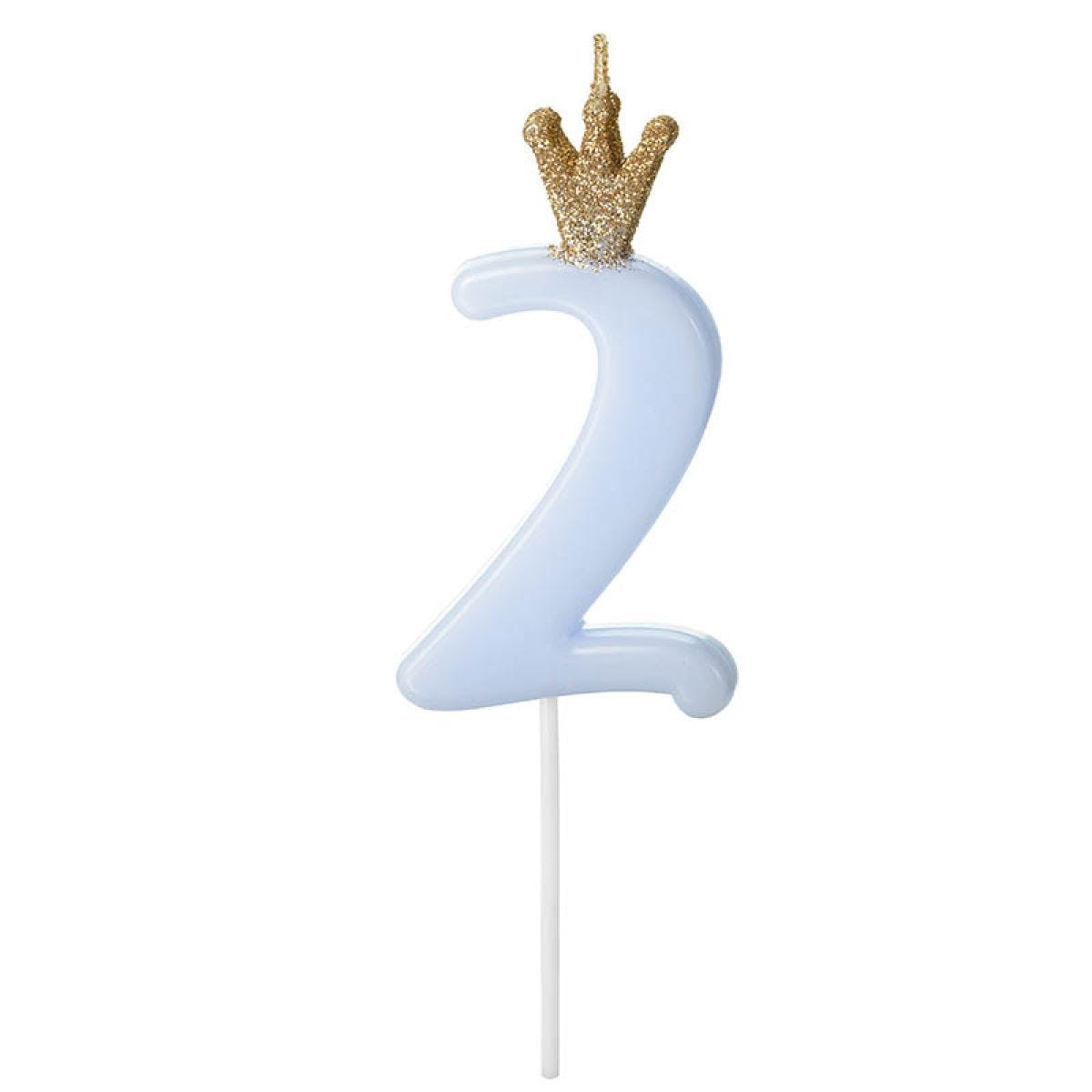 Light Blue Number 2 Candle with Crown - 9.5cm