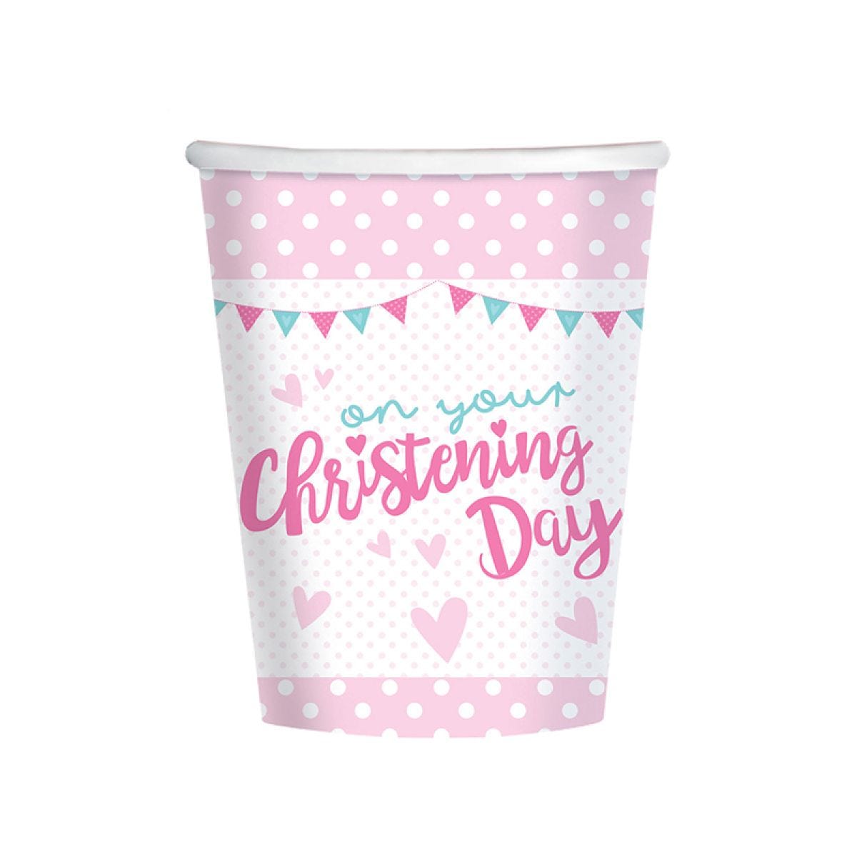 Christening Day Pink Cups - 266ml Paper Party Cups (8pk)