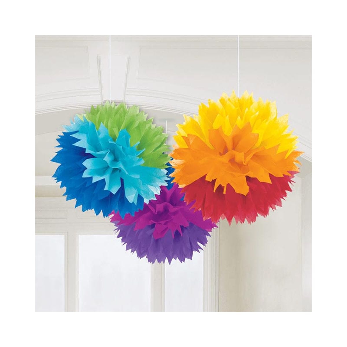 Rainbow Pom Pom Paper Decorations - 40cm (3pk)
