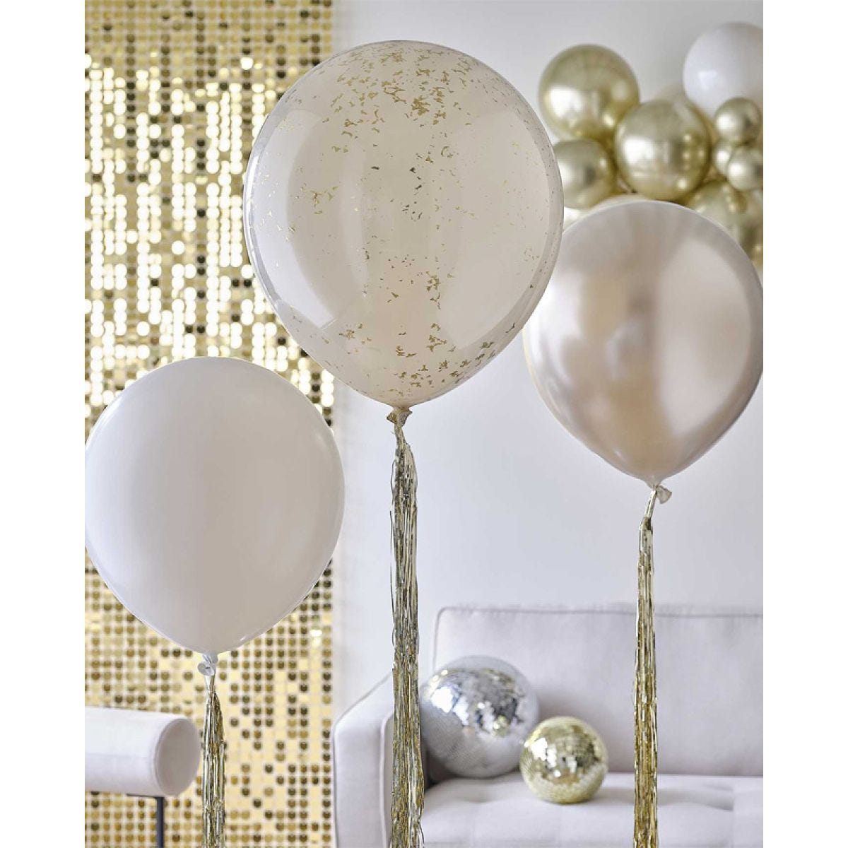 Nude & Gold Balloons with Gold Tassel Tails - 18" Latex (3pk)