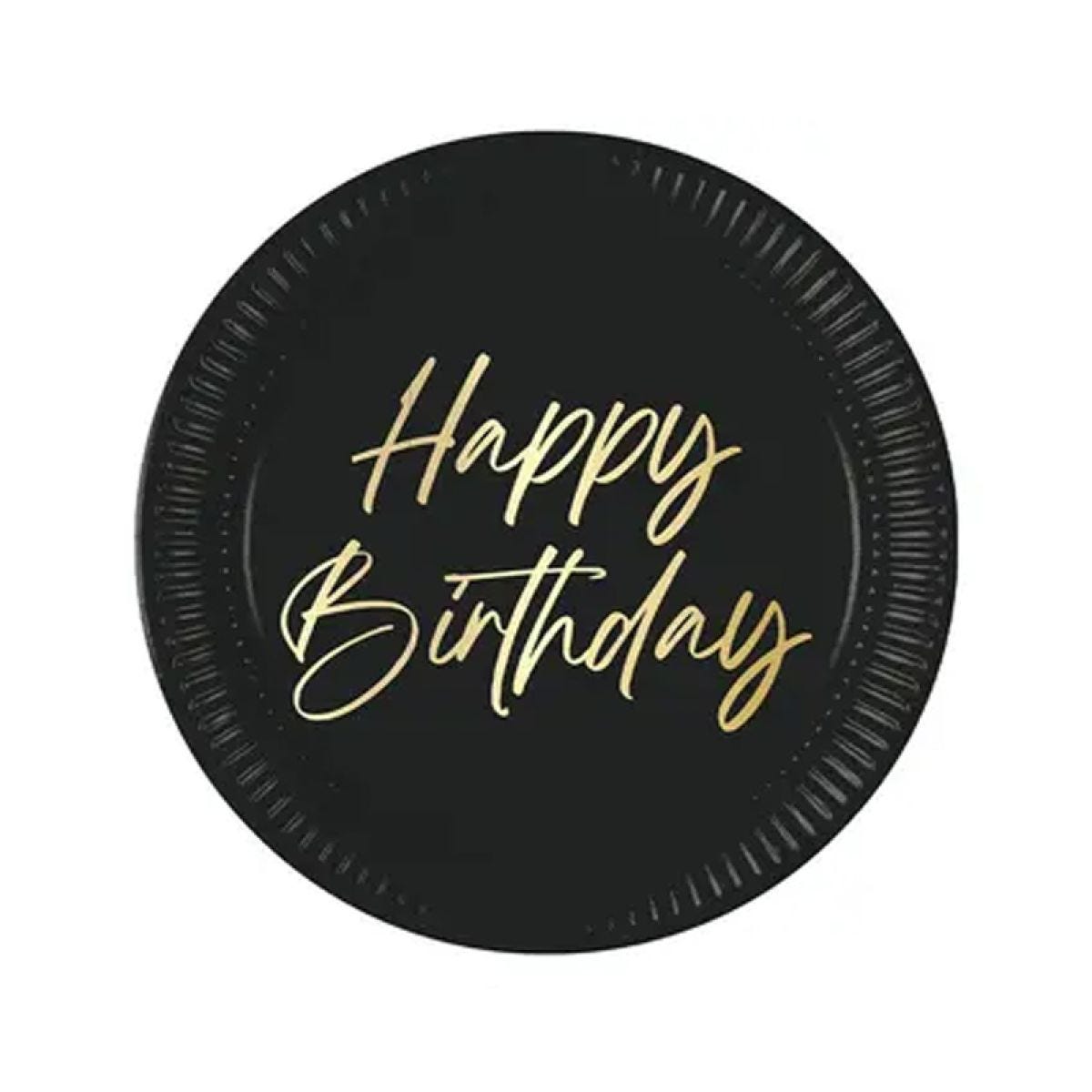 Black & Gold Happy Birthday Paper Plates - 23cm (8pk)
