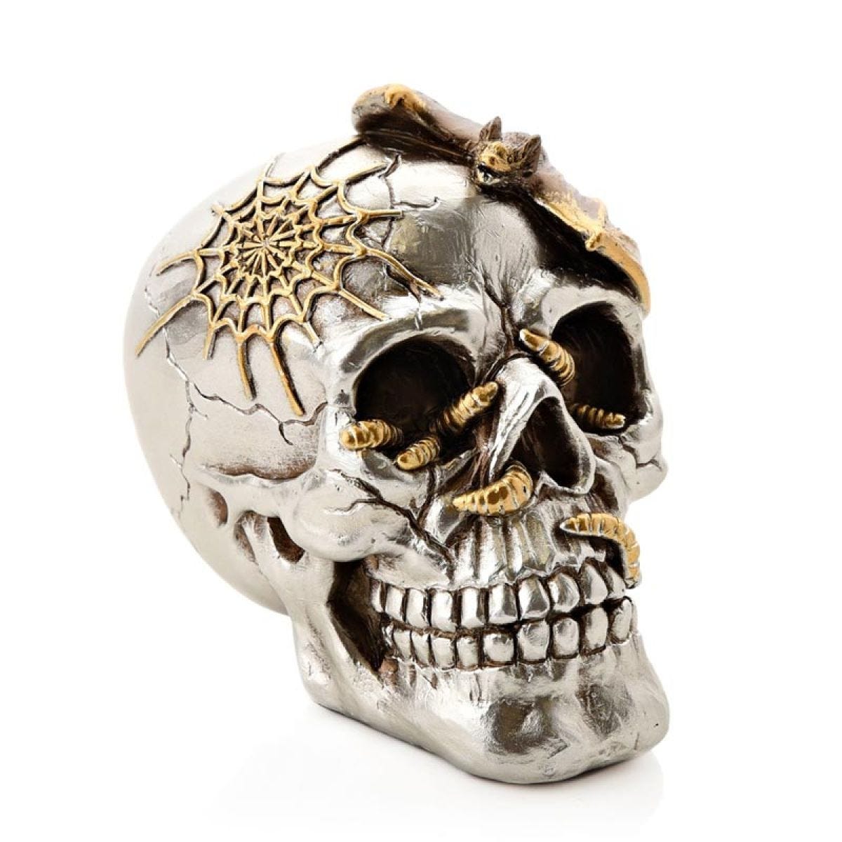 Silver Skull with Bat Resin Figurine - 13cm