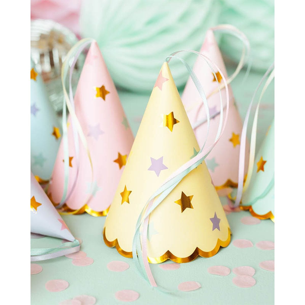 Star print Party Hats with Ribbons (6pk)