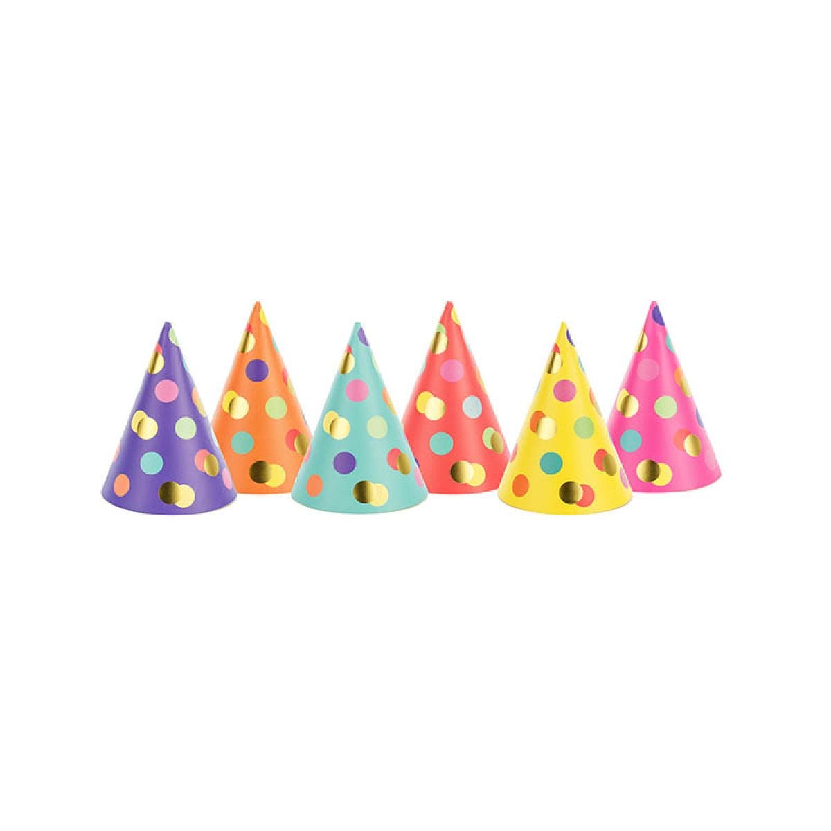 Colourful Party Hats with Gold Dots (6pk)