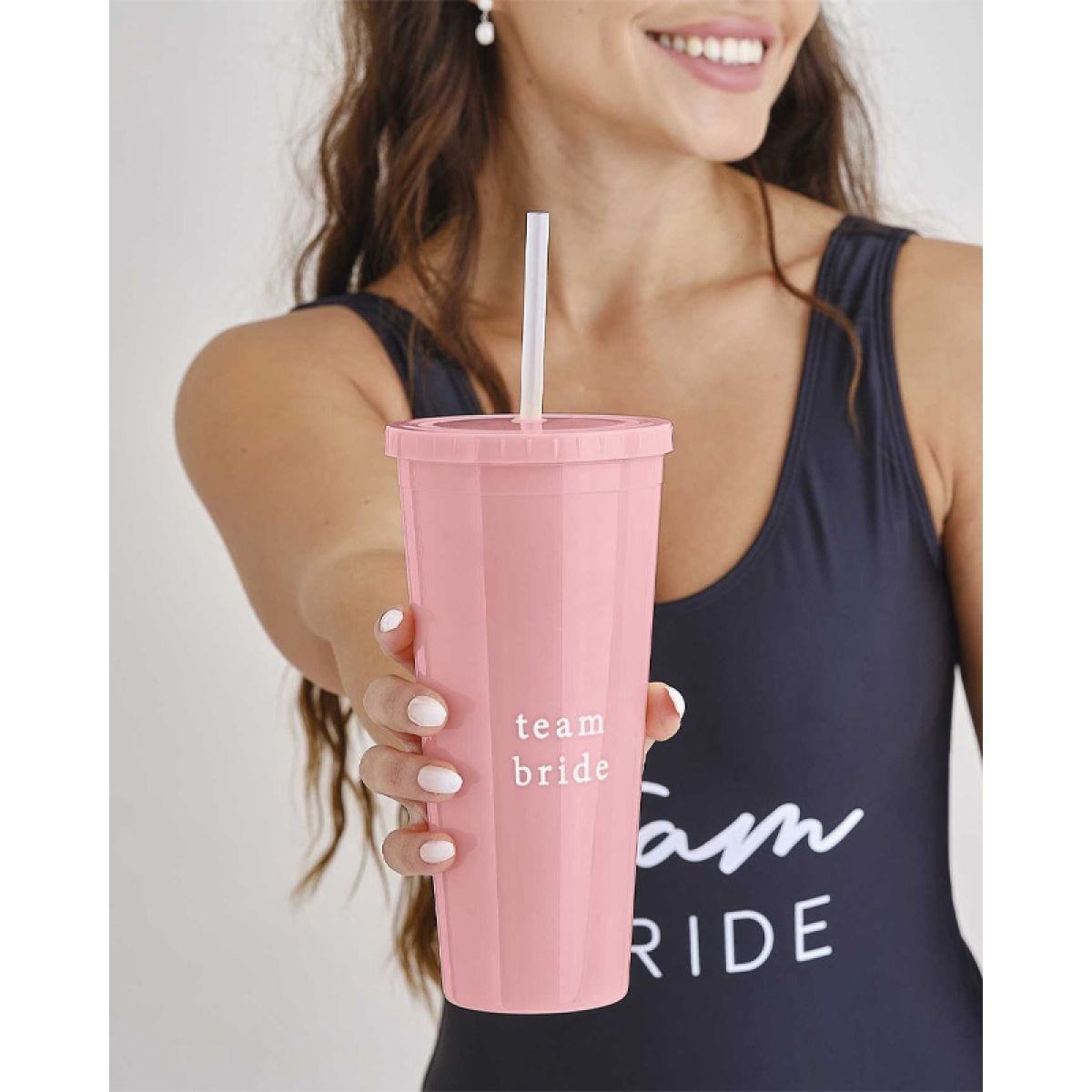 Pink Reusable &apos;Team Bride&apos; Hen Party Cup with Straw - 700ml