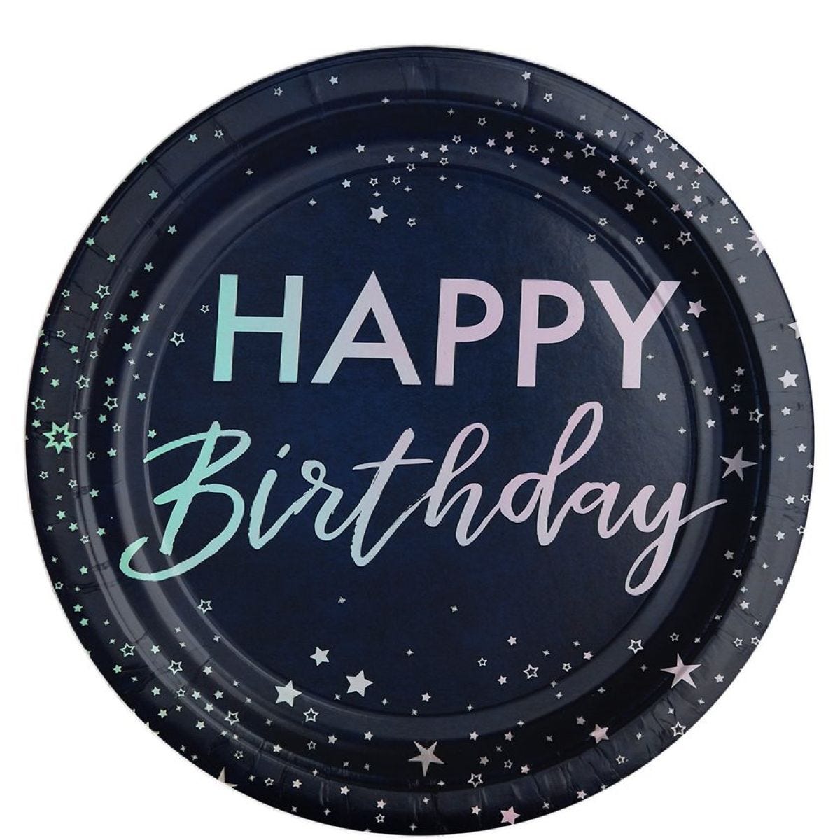 Iridescent Foiled &apos;Happy Birthday&apos; Paper Plates - 24.5cm (8pk)