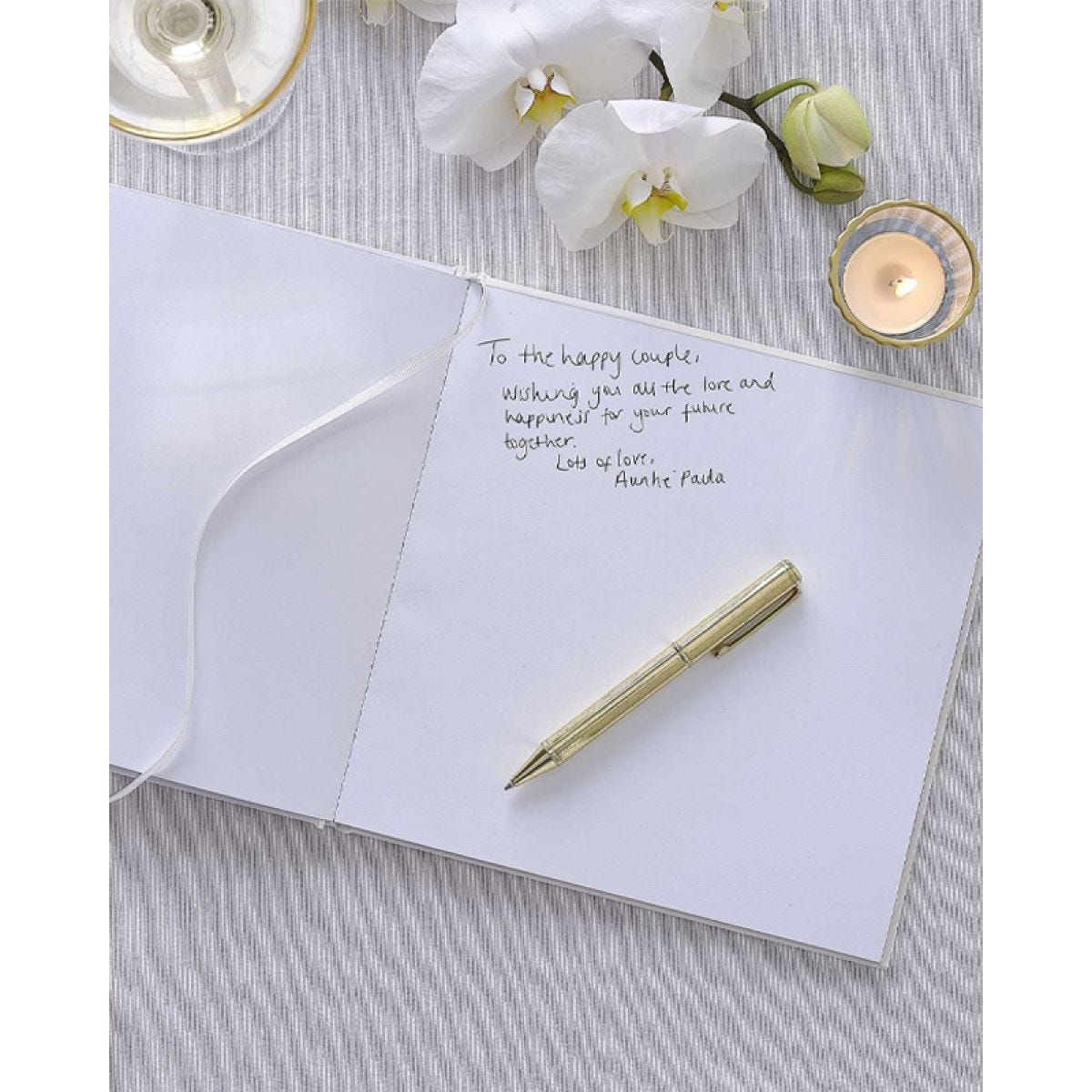 White Embossed Wedding Guest Book with Gold Paper Edge - 21.5cm x 21.5cm