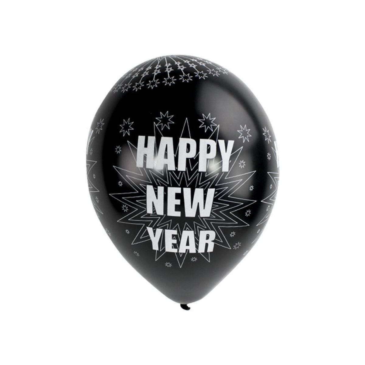 Happy New Year Sparkling Silver & Black Balloons - 11" Latex (6pk)