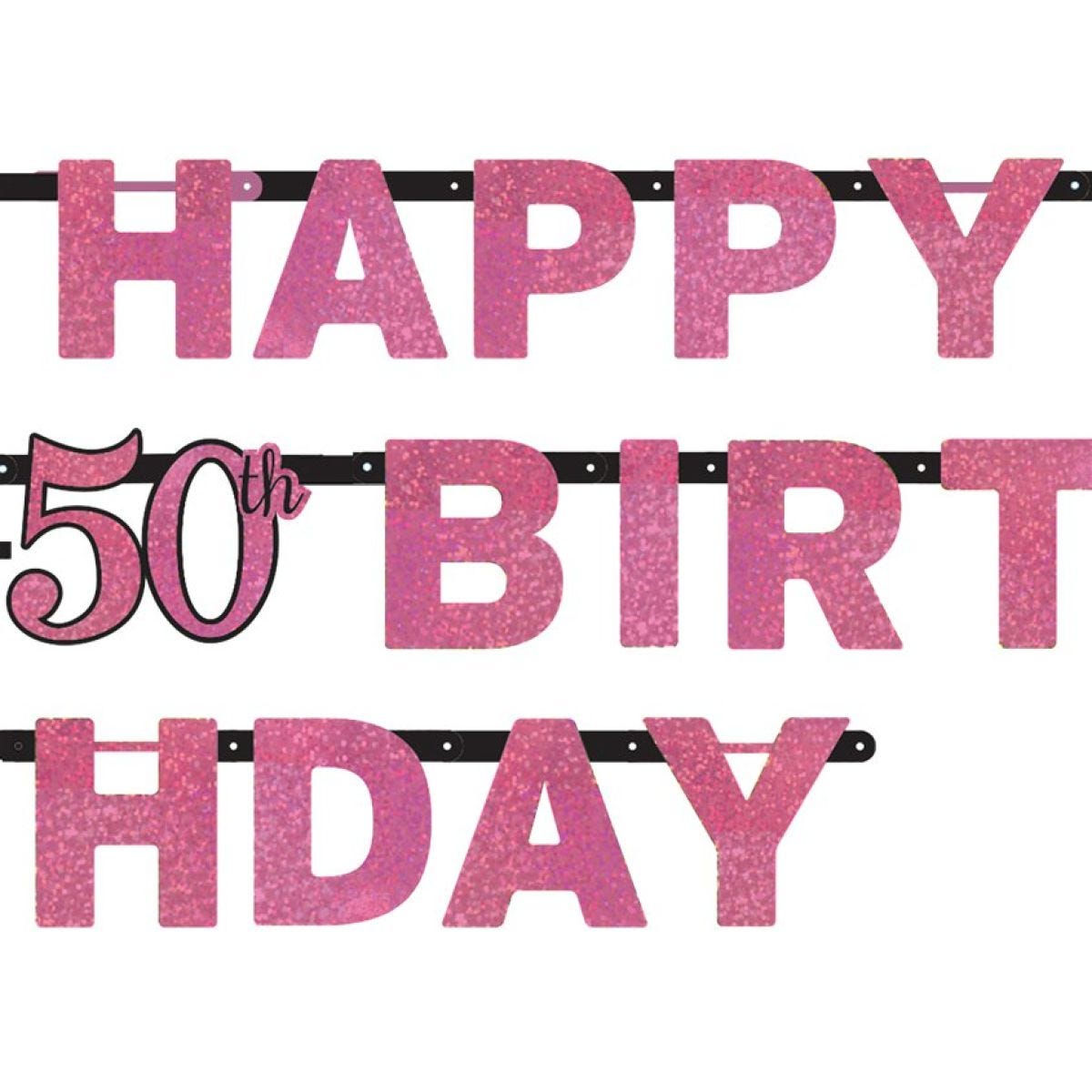 Pink &apos;Happy 50th Birthday&apos; Holographic Paper Letter Banner - 2m