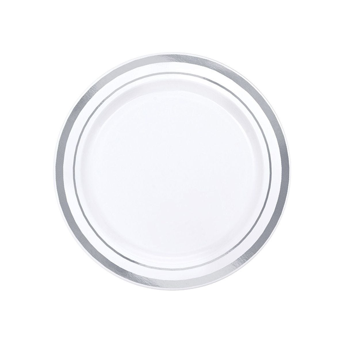 White with Silver Trim Plastic Plates - 16cm