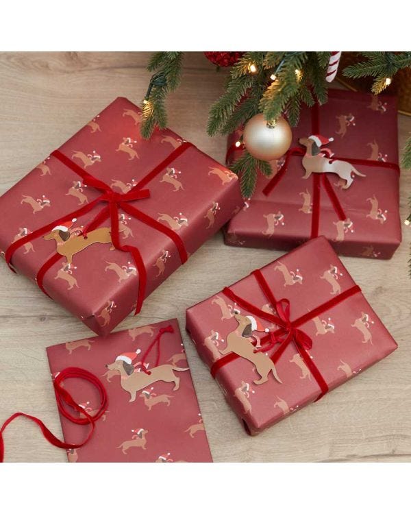 Sausage Dog Christmas Wrapping Paper Kit -  2 Sheets (70cm x 50cm) with Tags &amp; Ribbon