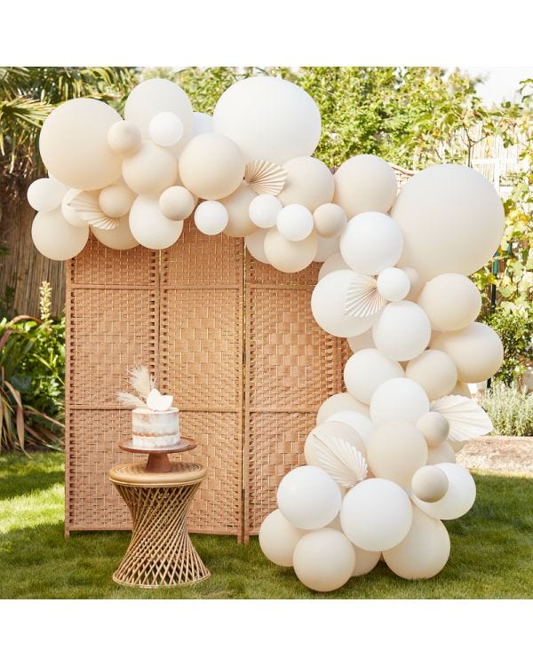 Nude &amp; White Balloon Arch with Paper Fans - 80 Balloons