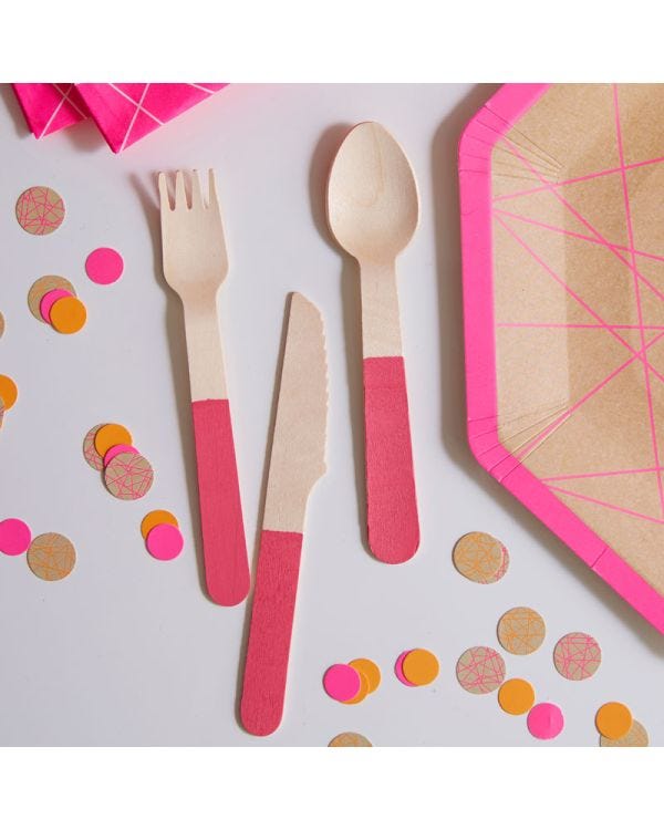 Neon Pink Wooden Cutlery Set (18pk)