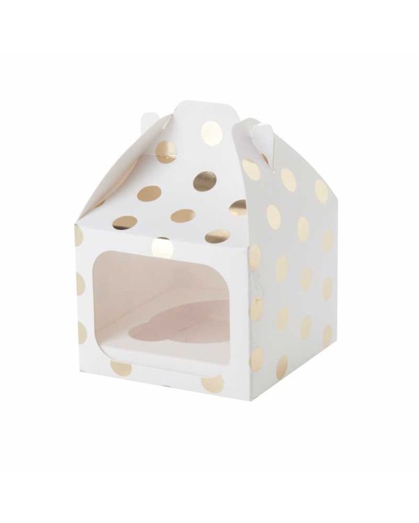 White &amp; Gold Polka Dot Single Cupcake Box - 12cm x 9.5cm