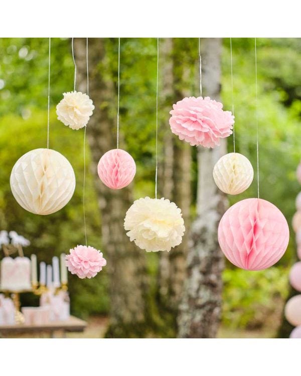 Pom Pom &amp; Honeycomb Paper Hanging Decorations (8pk)