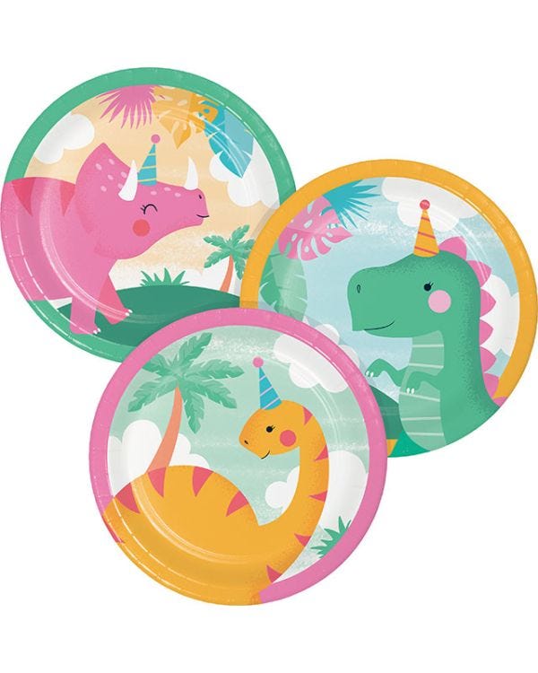 Girl Dino Paper Dessert Plates - 18cm (8pk)
