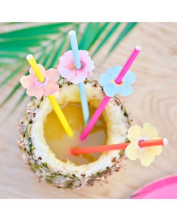Hawaiian Paper Straws with Flower Toppers (16pk)