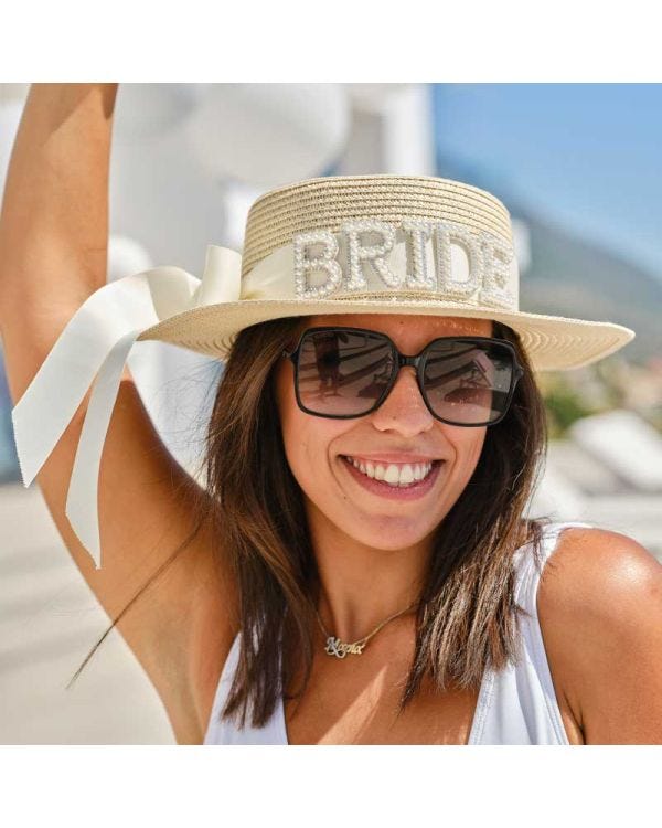 Straw Hat with Bride Pearl Letters