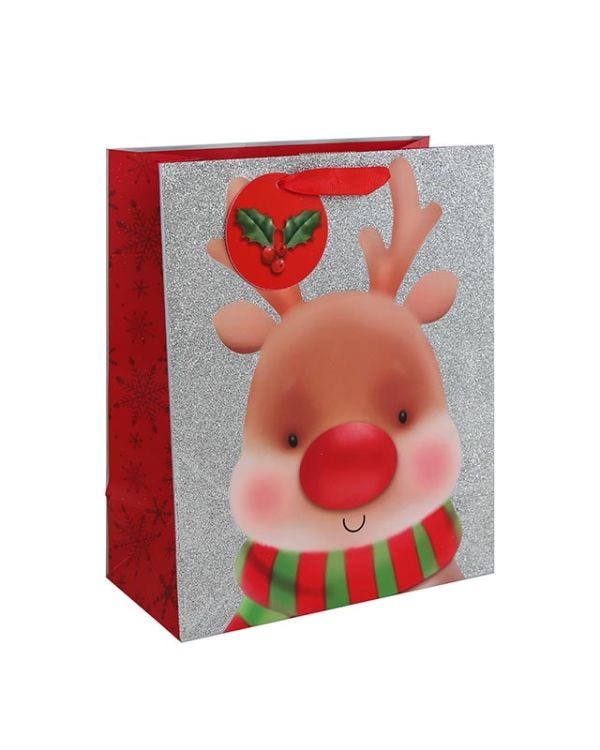 Rudolph Glitter Large Gift Bag - 33cm x 26.5cm
