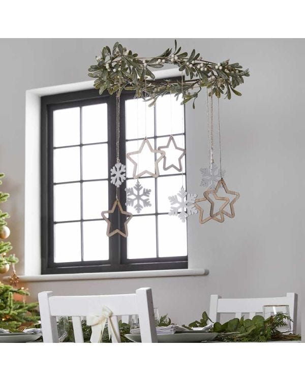 Gold Metal Hoop with Foliage &amp; Wooden Hanging Decorations - 40cm