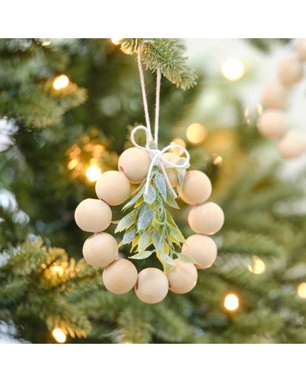 Wooden Beads &amp; Foliage Tree Decorations (4pk)