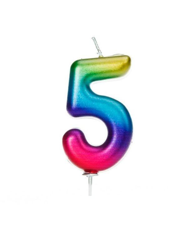 Rainbow Metallic Number 5 Candle - 7cm