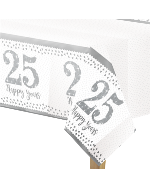 25th Silver Sparkling Wedding Anniversary Plastic Tablecover - 1.2m x 1.8m