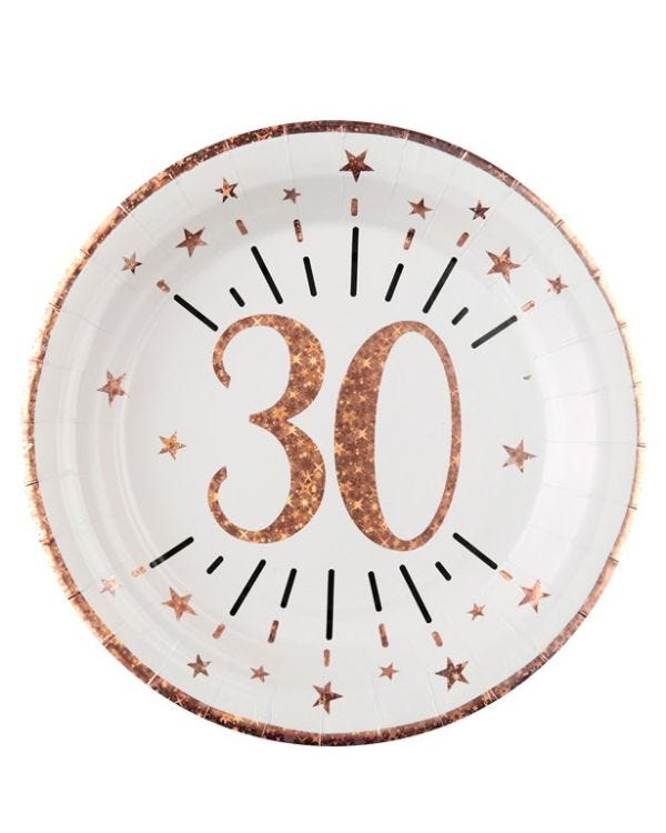 Sparkling Rose Gold 30th Paper Plates - 22.5cm (10pk)