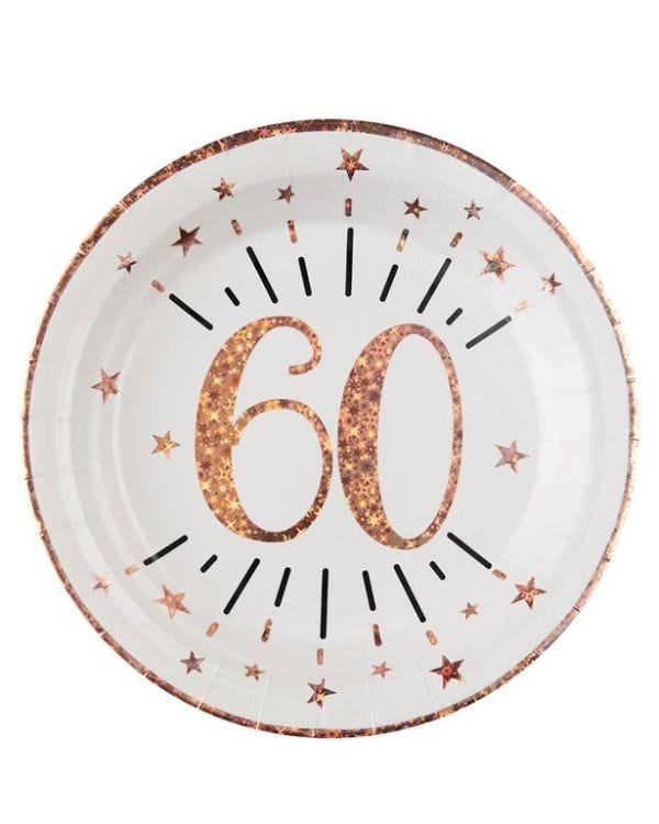 Sparkling Rose Gold 60th Paper Plates - 22.5cm (10pk)