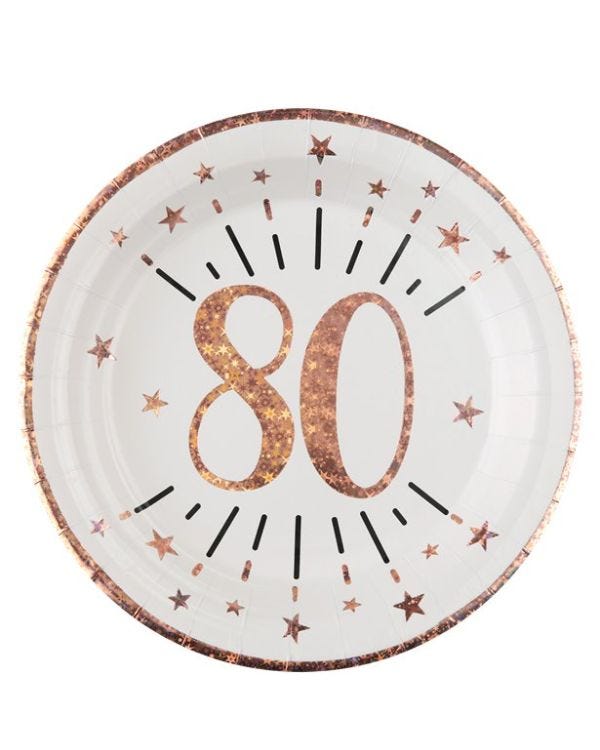 Sparkling Rose Gold 80th Paper Plates - 22.5cm (10pk)