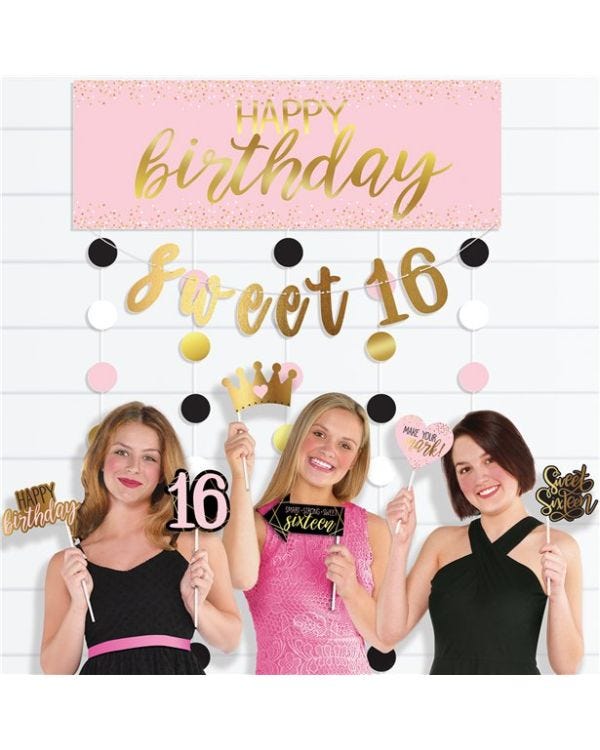 Glitter Gold &amp; Pink Sweet 16 Photo Booth Kit