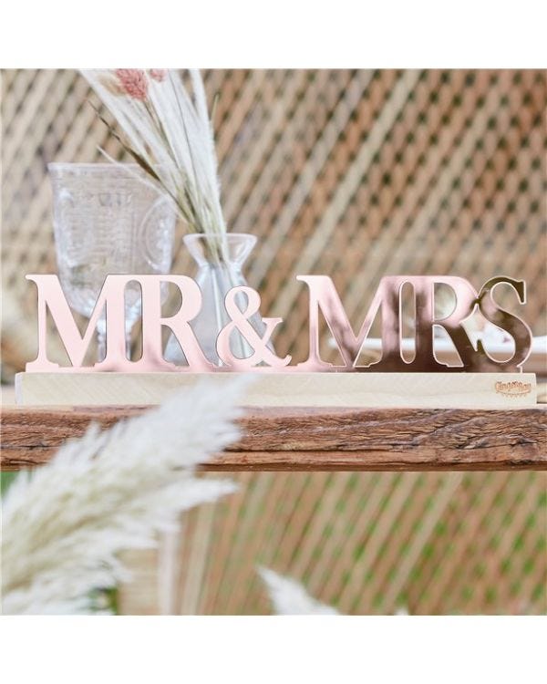 A Touch Of Pampas Rose Gold Acrylic Mr &amp; Mrs Table Decoration
