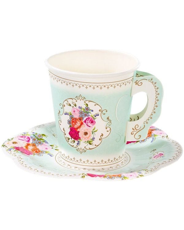 Vintage Tea Party Paper Cups with Saucers (12pk)