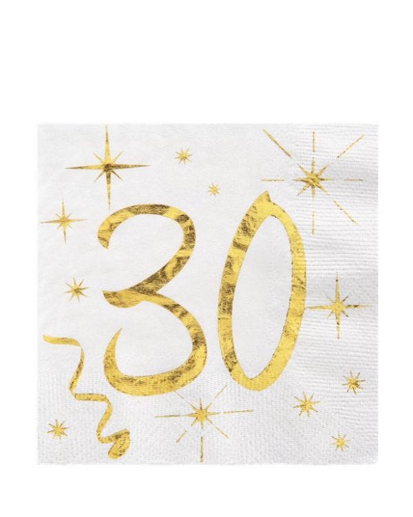 White &amp; Gold Sparkle 30th Paper Napkins - 25cm (20pk)