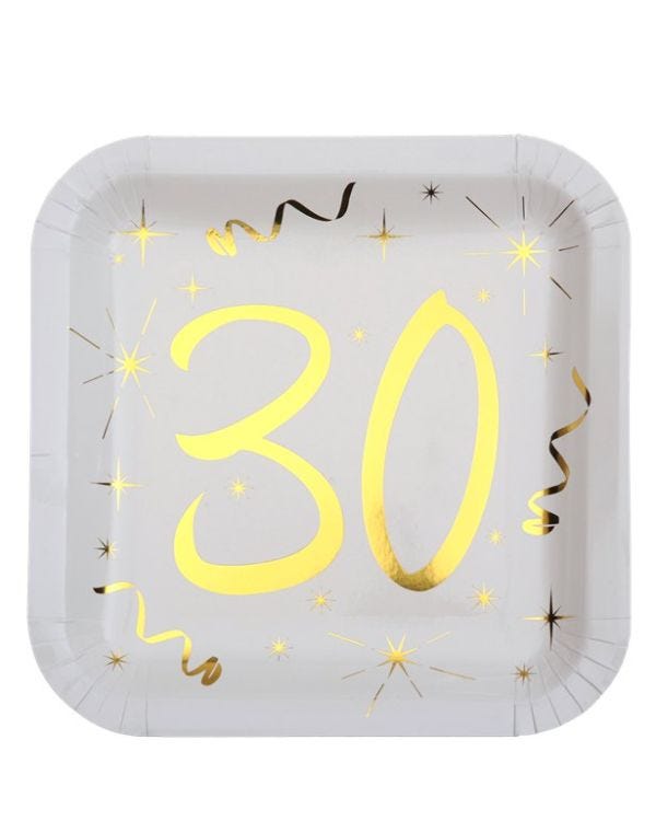 White &amp; Gold Sparkle 30th Paper Plates - 23cm (10pk)