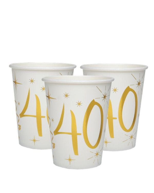 White &amp; Gold Sparkle 40th Paper Cups - 270ml (10pk)