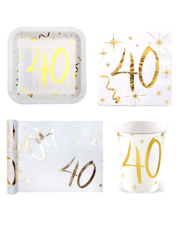 White &amp; Gold Sparkle 40th Birthday Value Party Pack for 10