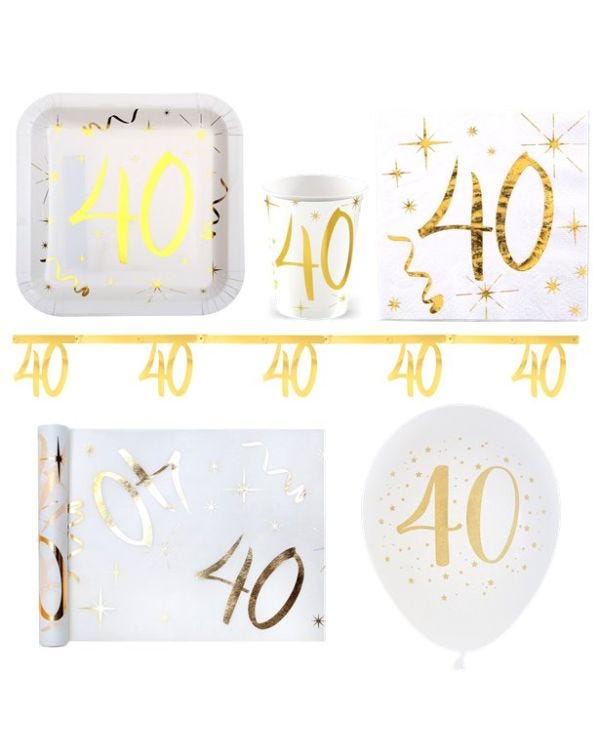 White &amp; Gold Sparkle 40th Birthday - Deluxe Party Pack for 20