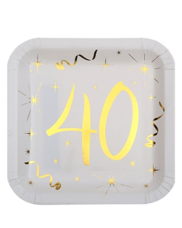 White &amp; Gold Sparkle 40th Paper Plates - 23cm (10pk)