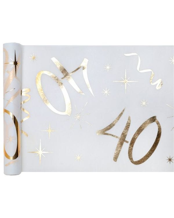 White &amp; Gold Sparkle 40th Table Runner - 5m