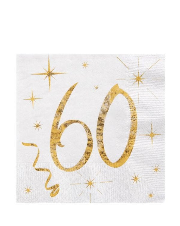 White &amp; Gold Sparkle 60th Paper Napkins - 25cm (20pk)