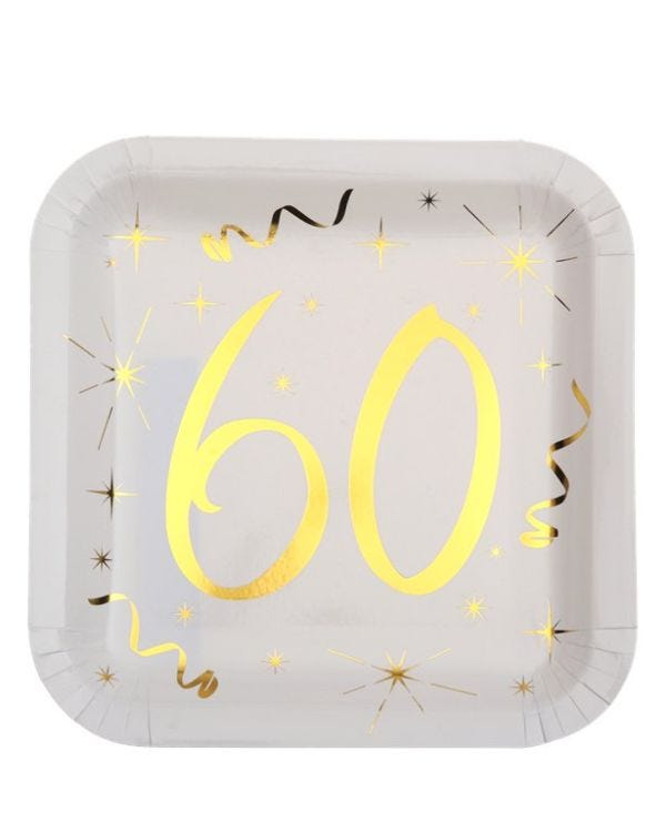 White &amp; Gold Sparkle 60th Paper Plates - 23cm (10pk)