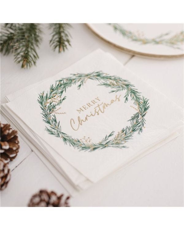 White Merry Christmas Wreath Paper Napkins - 33cm (16pk)
