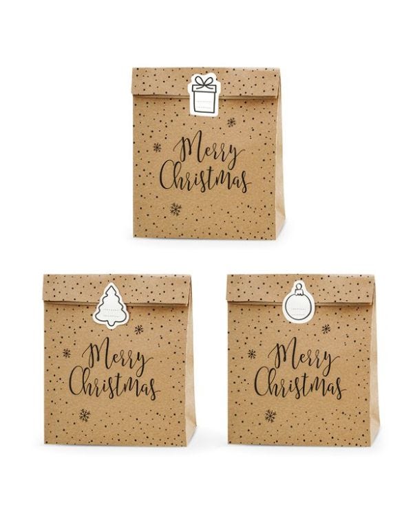 Merry Christmas Kraft Gift Bags - 27cm (3pk)
